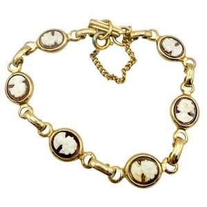 Vintage Cameo Bracelet Gold Tone Portrait Link Victorian Revival Jewelry